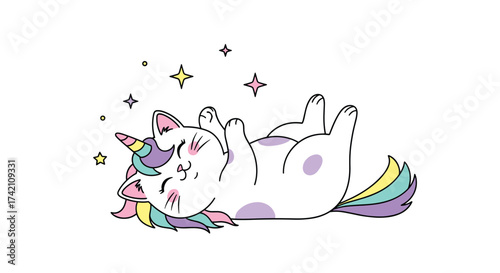 A whimsical cat with a rainbow unicorn horn and tail enjoys a moment of pure joy and magic surrounded by sparkling stars.