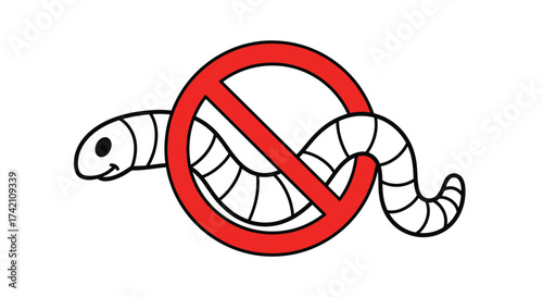 Illustration of a worm with a prohibition sign over it indicating pest control for garden or agricultural use.