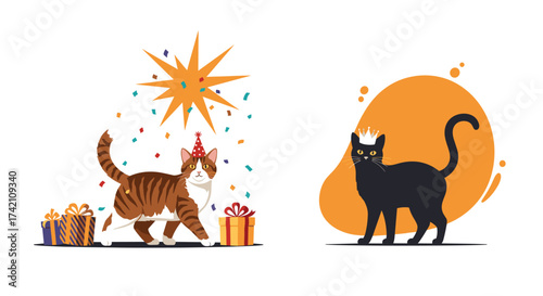 Cute cats celebrating a birthday party with gifts and confetti and a black cat with a crown standing near an orange blob.