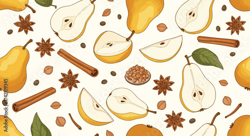 A delightful arrangement of ripe pears and warm spices including cinnamon sticks and star anise.