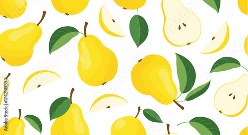 A delightful pattern of fresh yellow pears with green leaves and slices scattered across a white background.