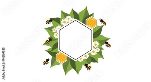 Cute cartoon bees and flowers around a blank hexagon frame for text