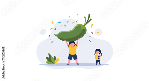 Children celebrating a successful harvest with a giant vegetable.