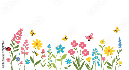 A vibrant meadow filled with colorful wildflowers and fluttering butterflies in bloom.