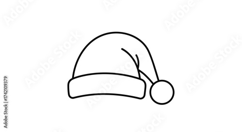 A simple line drawing of a festive holiday hat with a soft pompom at its tip.
