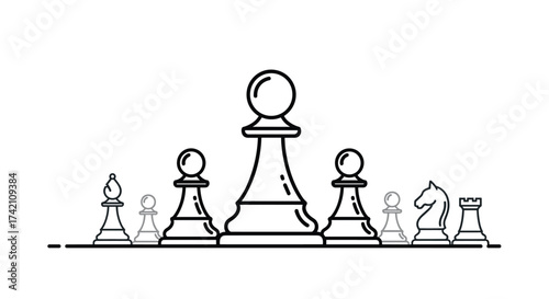 A collection of chess pieces stand on a white background in a line showcasing their distinct shapes and sizes.