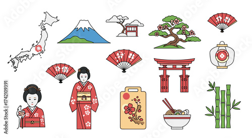 A collection of pixel art icons representing Japanese culture and landmarks including Mount Fuji and traditional attire.