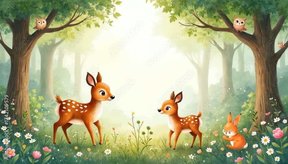 Obraz premium Editorial illustration depicts a serene forest scene with cute fawn and rabbit. Owls perch on tree branches watching over forest glade with vibrant flowers. It is a peaceful landscape.