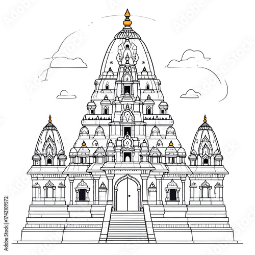 Intricate architectural illustration of a grand temple, showcasing detailed design and spiritual significance