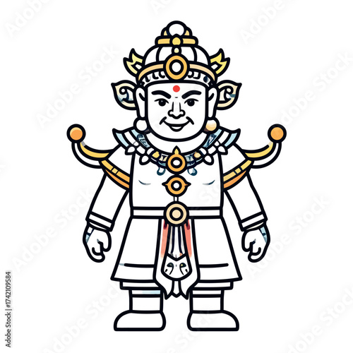 Traditional Asian mythological figure with ornate headdress and regal attire, depicted in a stylized graphic illustration