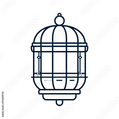 A dark blue outline of a classic birdcage, symbolizing confinement and freedom, presented as a simple icon on a white background
