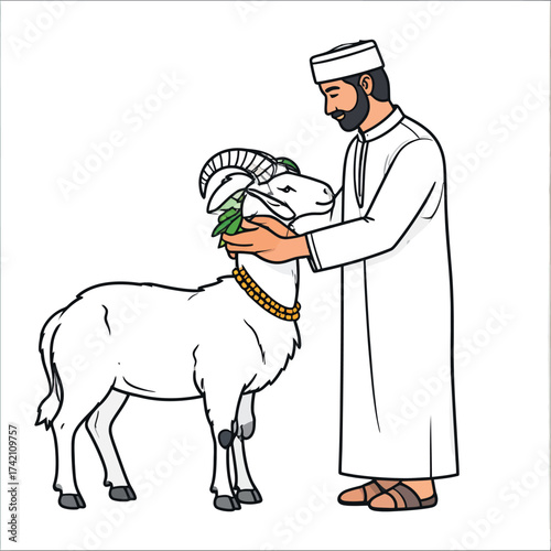 Man in Traditional Islamic Attire with a Goat, Illustrating Eid al-Adha