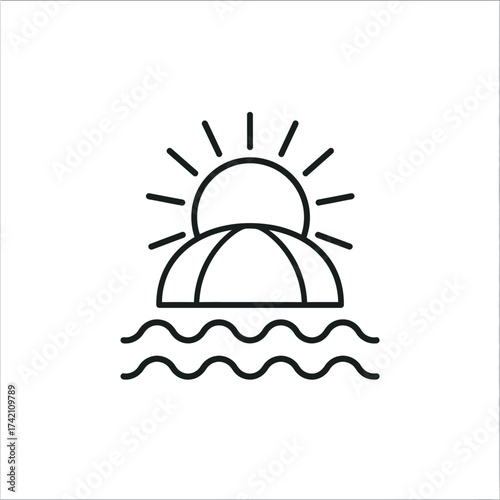 Simple line icon of a sun rising over the ocean waves. Minimalist vector illustration representing a sunrise or sunset at sea, ideal for travel and nature themes
