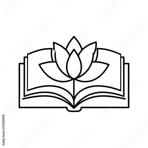 An elegant icon illustrating a blooming lotus flower on an open book, a concept for education, wellness, and mindfulness