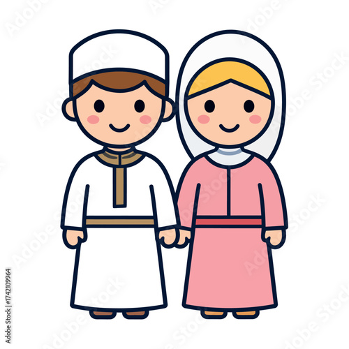 Cute Cartoon Muslim Couple Illustration in Traditional Attire, Ideal for Islamic Culture, Diversity, and Children's Content, Vector Graphic Art