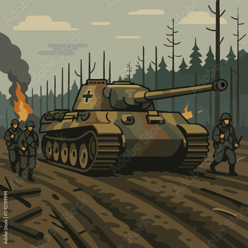 WWII German Tank Illustration in Forest Battlefield