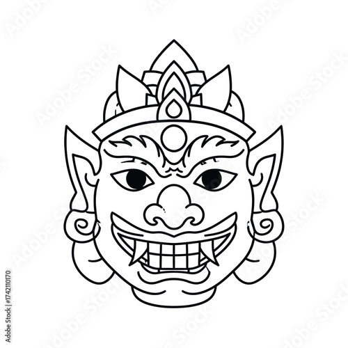 Fierce mythological demon giant face with fangs in a traditional Asian style. Vector line art icon of a cultural guardian creature