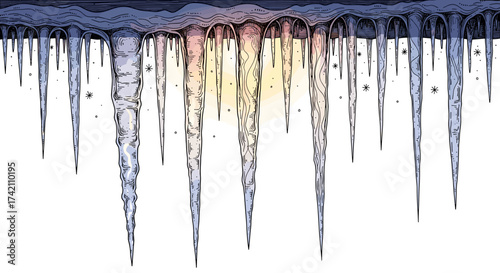 Hanging icicles with sunset glow in detailed winter illustration