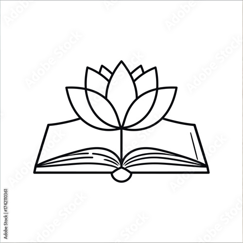Serene Line Art Illustration of an Open Book and Blooming Lotus Flower, Symbolizing Knowledge, Wisdom, Spiritual Growth, and Enlightenment in a Minimalist Style