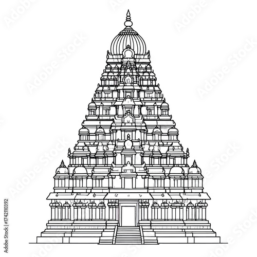 Detailed Outline of a Traditional Hindu Temple Tower with Intricate Architectural Details
