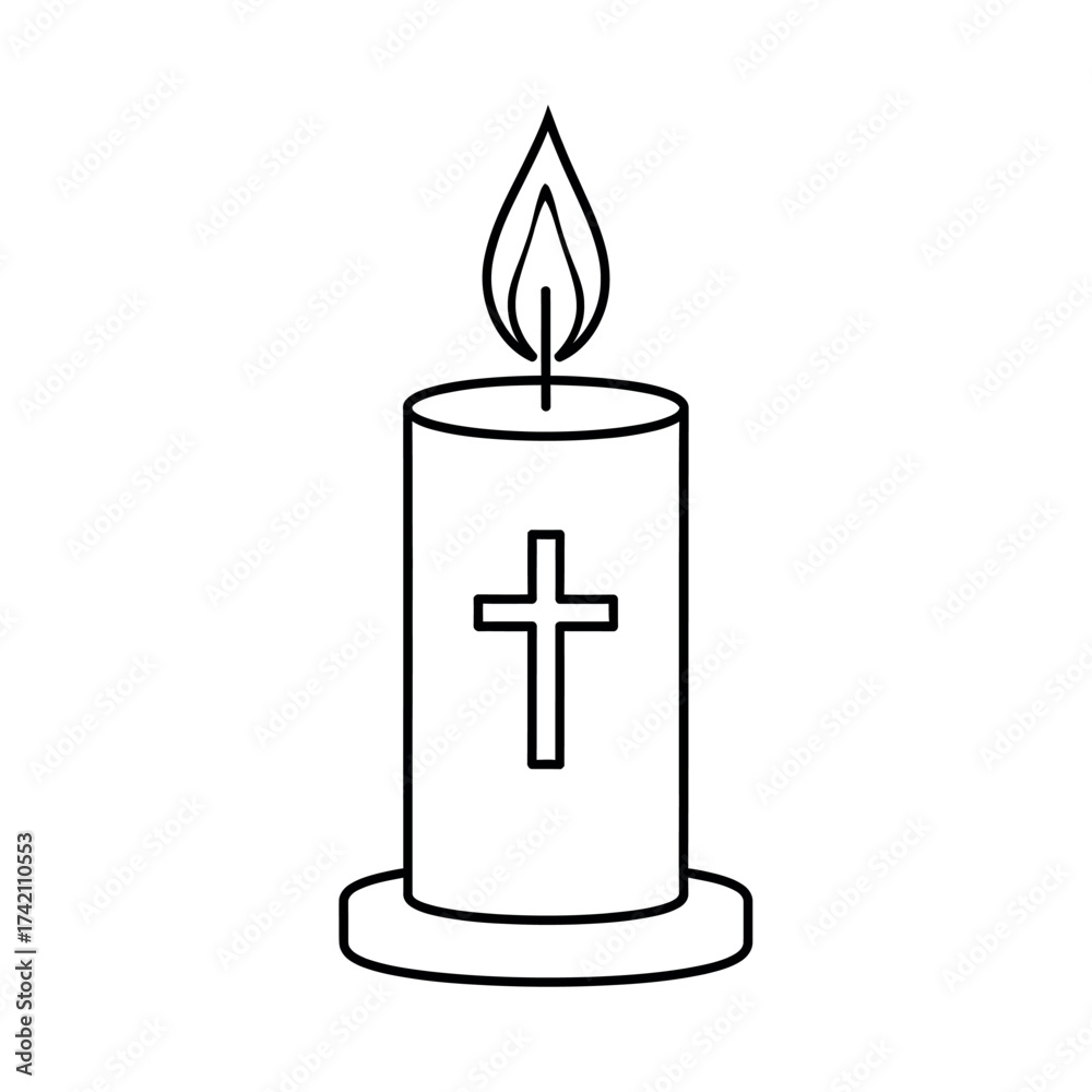 Obraz premium A simple black and white outline drawing of a lit candle with a cross on its surface, symbolizing peace and remembrance