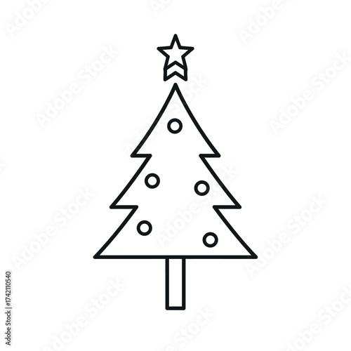Simple Outline Icon of a Decorated Christmas Tree with a Star Topper on a White Background