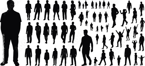 Silhouettes of men, women, children, walking and standing, diverse group, black figures, human shapes, various poses, family, people, multiple sizes, urban life, 