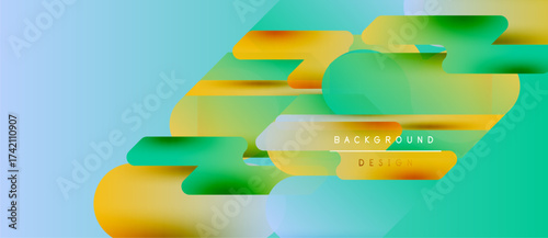 Abstract fluid shapes overlap, creating vibrant color gradients. Turquoise background complements orange, yellow, green hues. Modern design element.