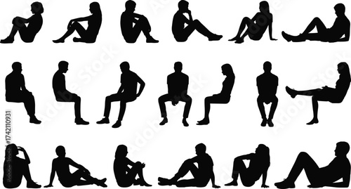 Silhouettes of sitting and resting people, male and female figures, relaxed poses, casual body language, diverse human shapes, quiet moments