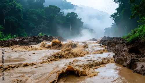 Muddy River Flowing Through Foggy Jungle