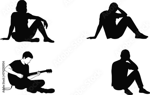 Silhouettes of sitting people, man, woman, guitarist playing instrument, thoughtful poses, relaxing human figures, vector artwork, black outline, design illustration