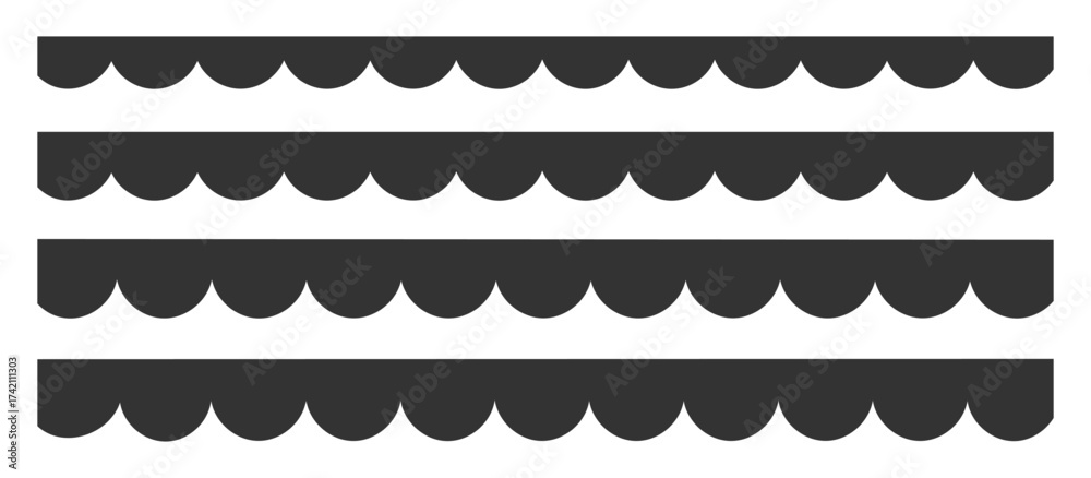 Scalloped border with divider ornament edge isolated on white background. Scalloped edge borders and dividers. Handmade frame decorations. Ethnic tribal pattern for fabric