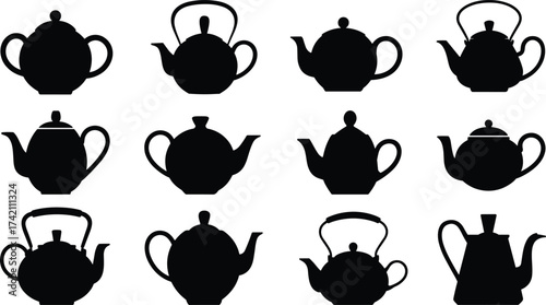 Teapot silhouettes, vintage teapots, classic teapot designs, black teapot shapes, kitchenware icons, tea kettle collection, different teapots, kitchen essentials, 