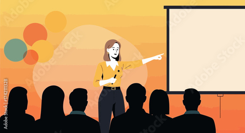 Woman Presenting To An Audience With A Projector Screen During A Conference