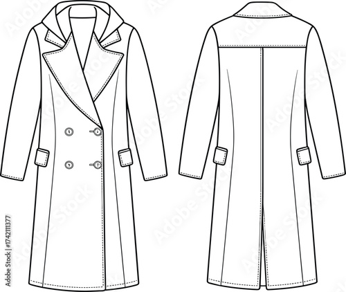 Trench coat illustration, long overcoat fashion sketch, winter clothing outline, stylish women outerwear design, elegant apparel drawing, double breasted coat vector
