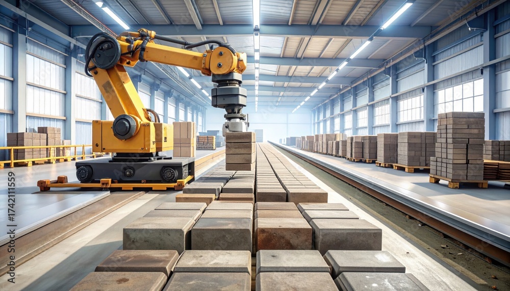 Fototapeta premium Robotic Arm Stacking Concrete Blocks in a Factory