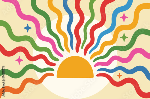 Colorful Abstract Sunburst with Wavy Rays and Star Accents on Beige Background – Vibrant Sunrise Illustration for Positive Mood, Creative Design, Summer Themes, Wellness, or Inspirational Concepts