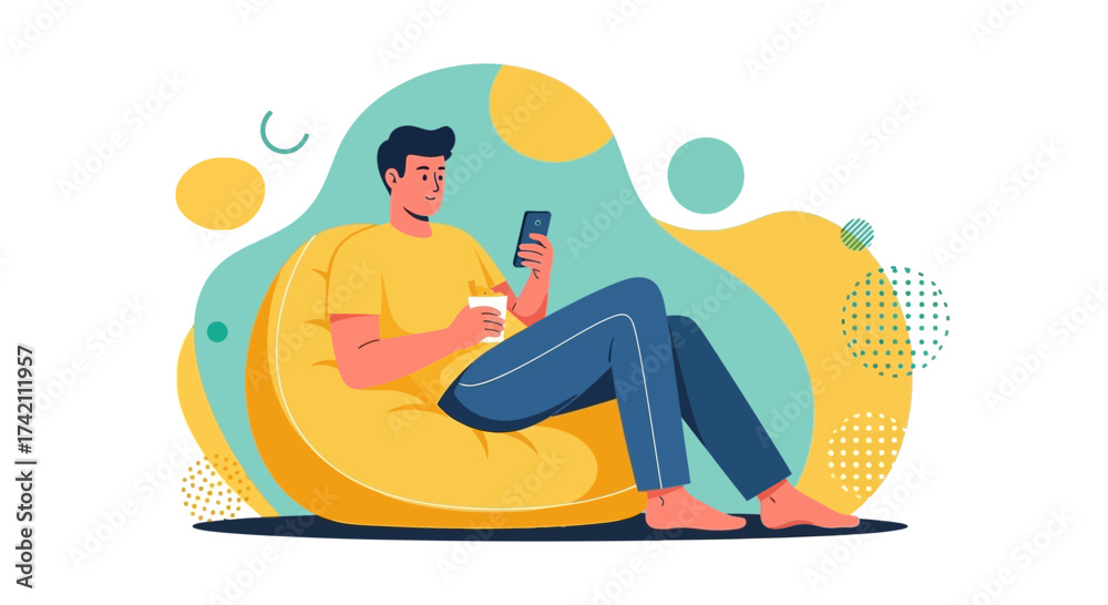Fototapeta premium Young Man Relaxing And Using Smartphone While Lounging On Beanbag In Vector Art