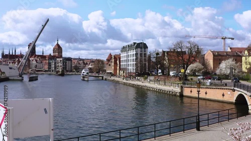 The Main Town of Gdansk by the Motlawa river at blossom spring, Poland.