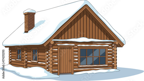 Winter wooden log cabin illustration, cozy snow house with chimney, rustic architecture in forest, holiday vacation home, cold weather countryside scene