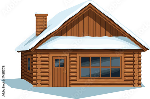 Wooden log cabin illustration, winter snow house with chimney, cozy rustic architecture in forest, holiday countryside home, cold weather seasonal lodge