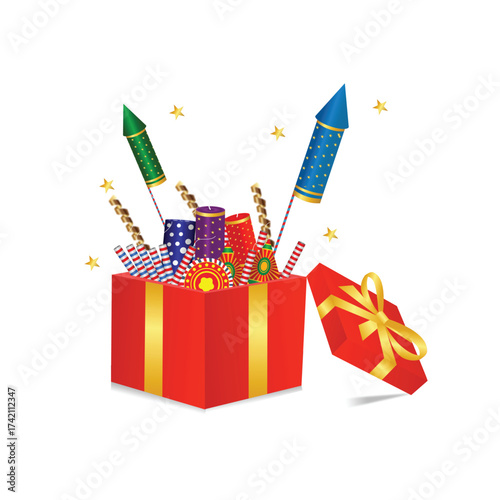 Firecrackers and Rockets Exploding from a Gift Box Vector Illustration