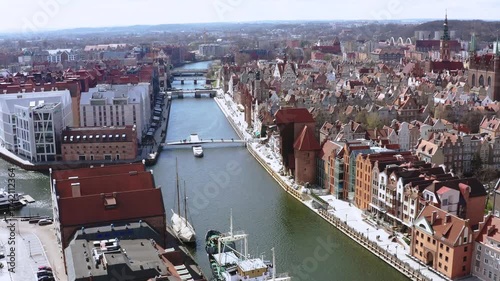 The Main Town of Gdansk by the Motlawa river at blossom spring, Poland.
