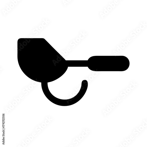Vector art of black silhouette of an eyepatch with a hook, depicting a pirate accessory for costumes and themed events