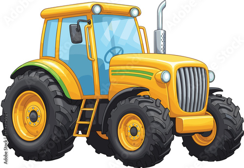 Yellow farm tractor illustration with big wheels, modern agricultural vehicle, heavy farming machinery, rural transport equipment for agriculture and field work