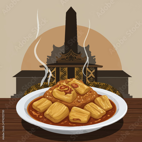 Steaming Traditional Gudeg Indonesian Jackfruit Dish with Yogyakarta Landmark