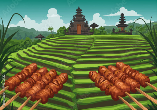 Flavorful Indonesian Satay Skewers Served with Bali Rice Terraces Temple