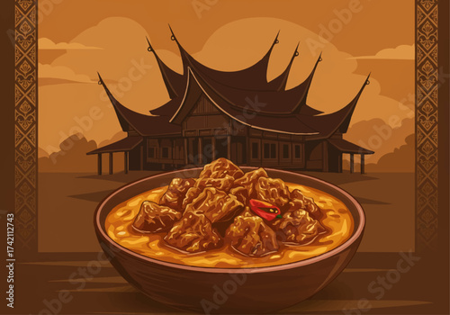 Spicy Indonesian Rendang Beef Curry with Traditional Minangkabau House