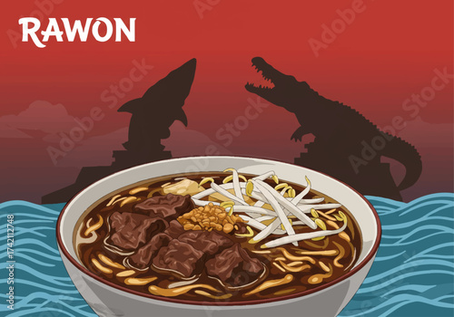 Hearty Indonesian Rawon Black Beef Soup with Surabaya City Symbols