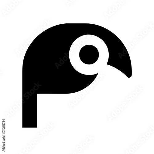 Vector art of minimalist black and white parrot icon, showcasing a stylized bird head with a distinctive beak and eye, creating a modern and clean design